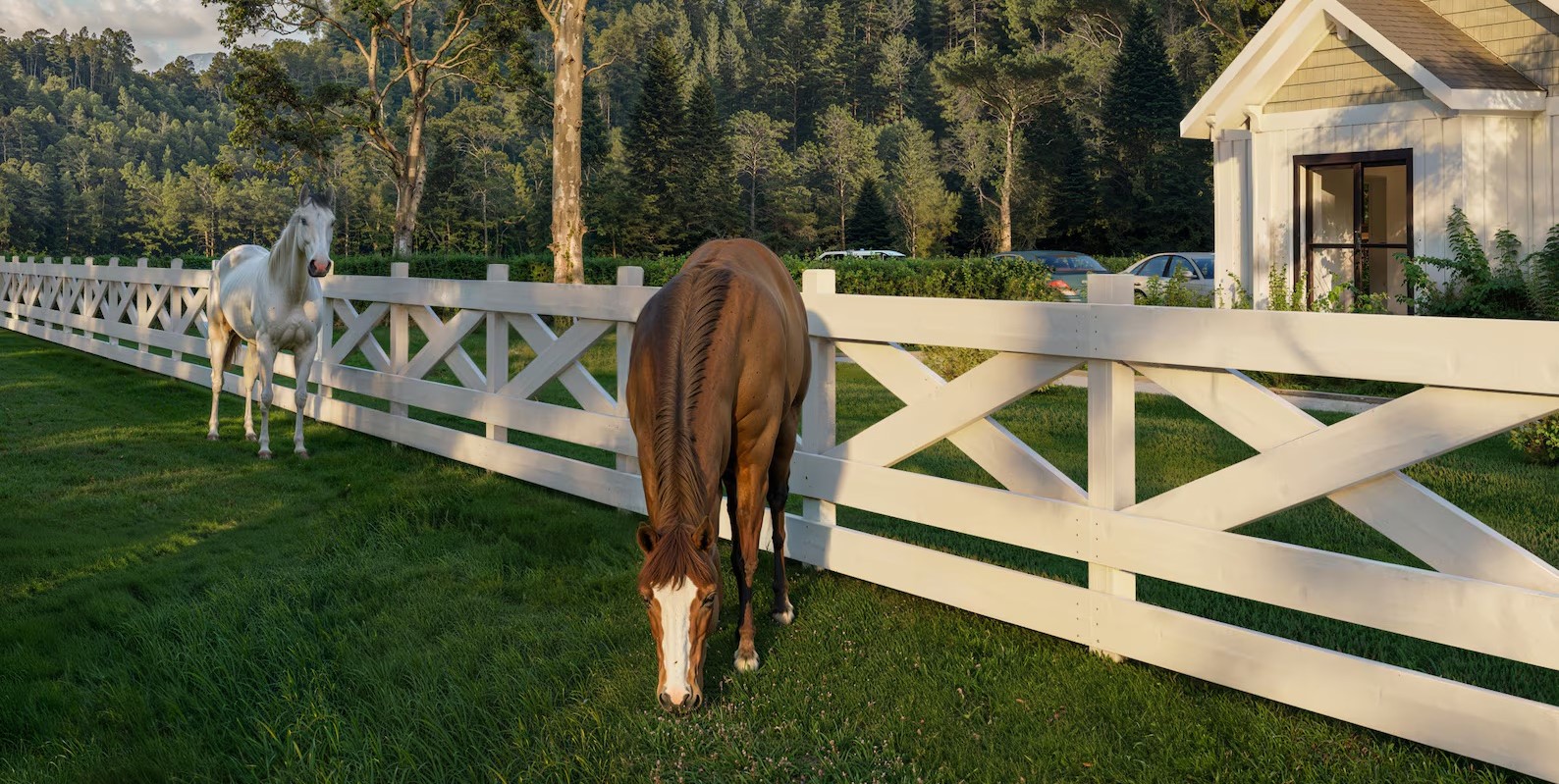 White crossbuck fence enclosing horses on a green pasture near a farmhouse.