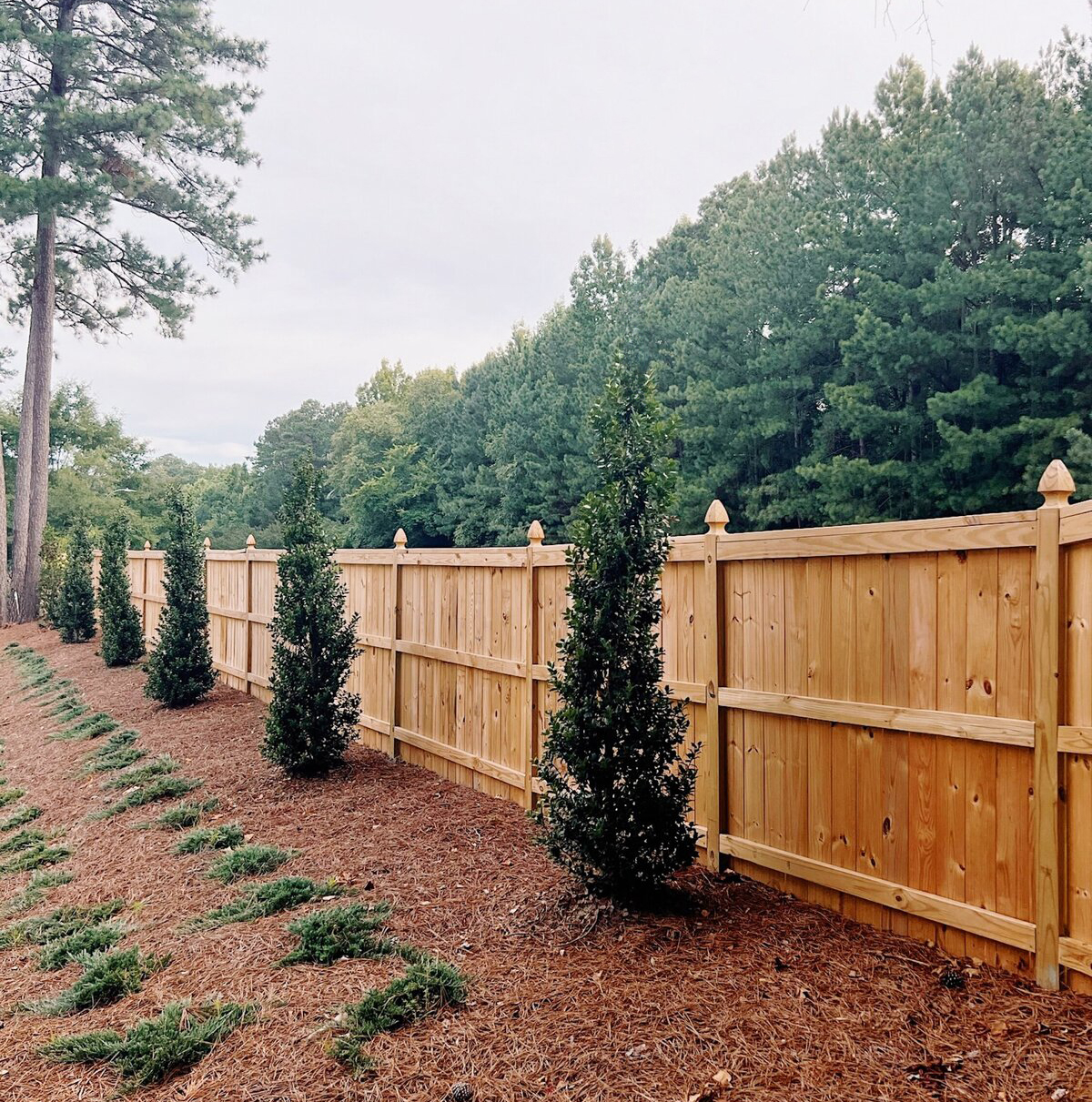 Long wood privacy fence running straight with a consistent top line, built by Heron Building Co.